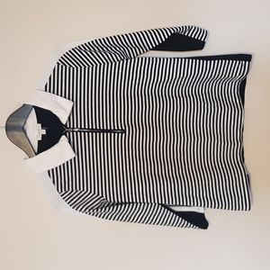 Laura black and white striped zip front polo style long sleeve  tee shirt